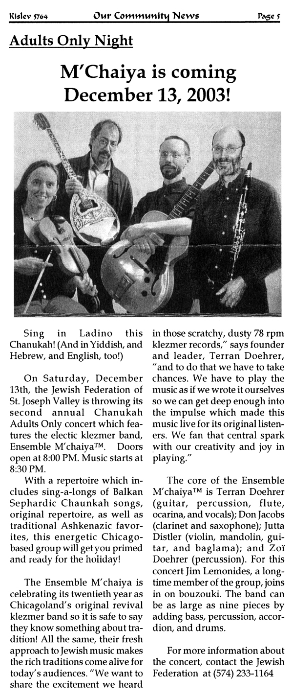 Article in the Saint Joseph, Indiana Jewish Federation’s “Our Community News” about the Ensemble M’chaiya (tm).